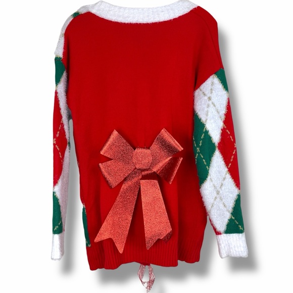 Holiday Time Gnome Ugly Sweater Knit Christmas Cardigan Oversized Bow size Small - Picture 5 of 7